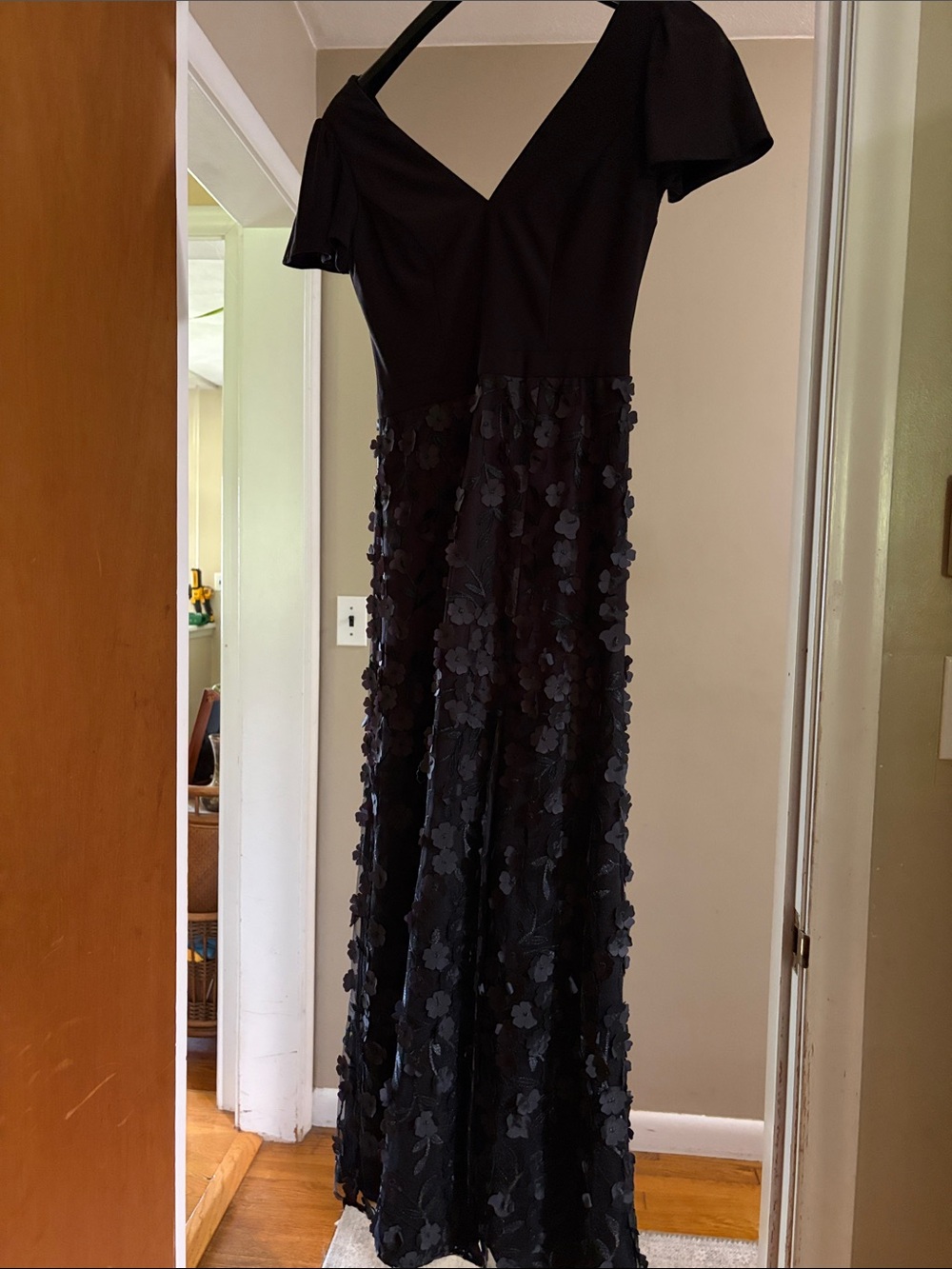 Xscape Black Maxi Dress with V-Neck and 3D Floral Details